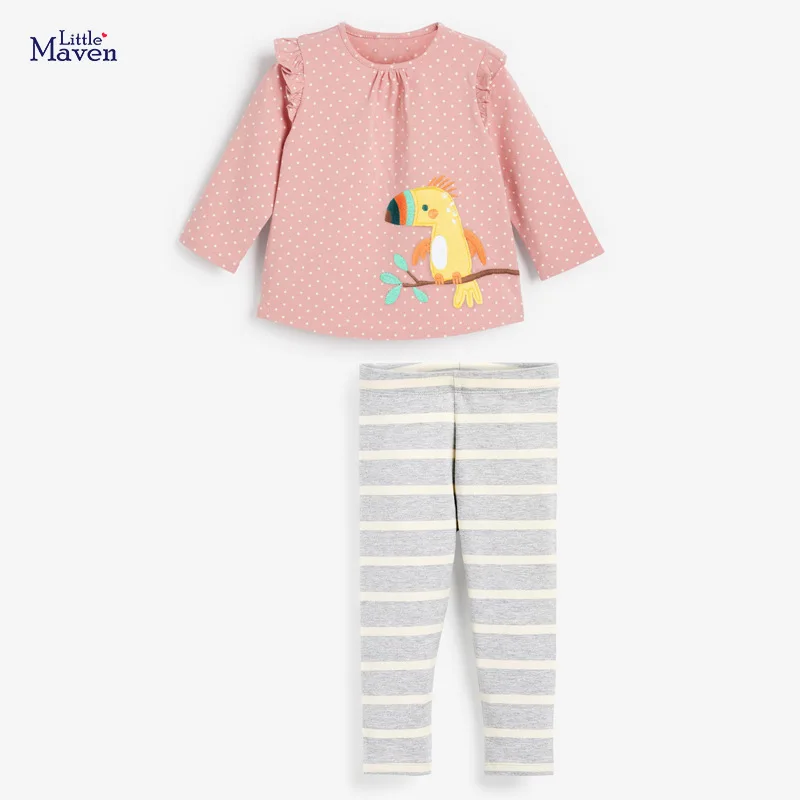 

Little maven Autumn Baby Girl Designer Fall Clothes Children 2 Piece Set Brand Dot Bird Cute Shirt + Toddler Gray Striped Pants
