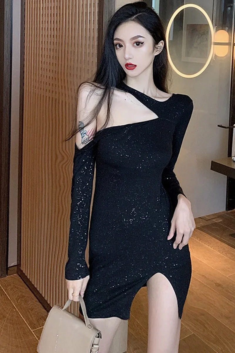 

2021 Spring Summer Sexy Hem Irregular Long Sleeve Sequined Waist All-Match Bar Nightclub Party Sheath Evening Dress Women Short
