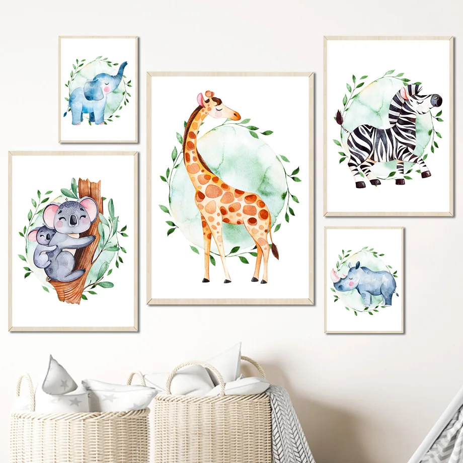 Милый жираф слон Страус коала Зебра Рино настенная Картина на холсте