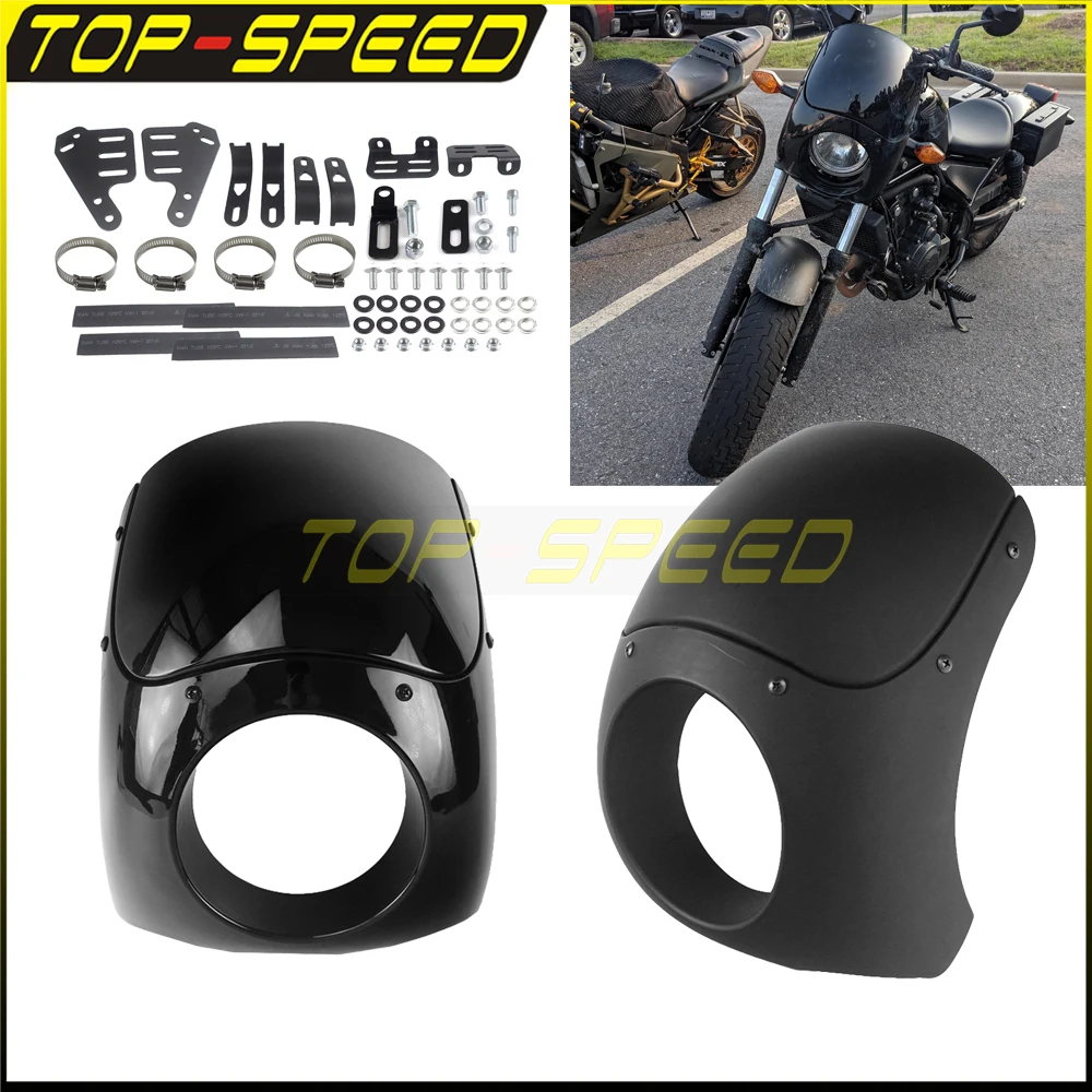 

5-3/4 Inch Front Fairing w Windscreen 5.75" Headlight Fairing for Harley BMW Cafe Racer Bobber Chopper 35mm-49mm Mount