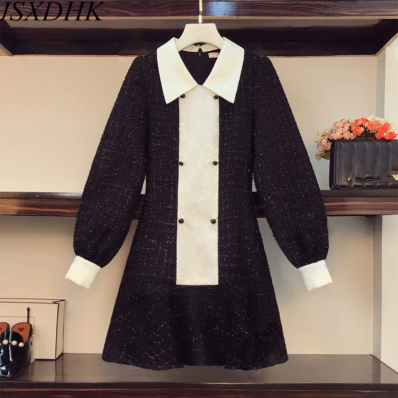 

JSXDHK осенне-зимнее твидовое платье с вышивкой 2022 новые модные женские двубортные Лоскутные клетчатые мини-платья с кисточками и юбкой-годе