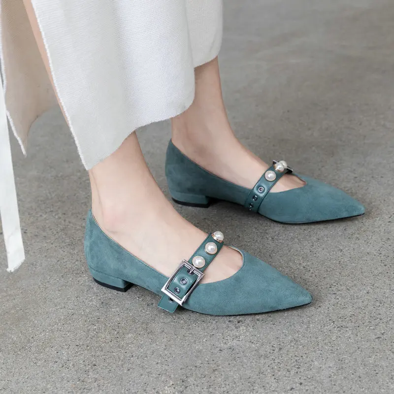 

Genuine Leather Square Heel Shoes Woman Elegant Women Dress Shoes Pointed Toe Casual Ladies Shoes Black Blue