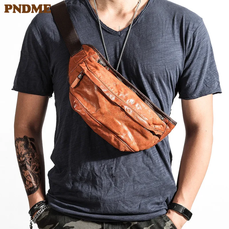 PNDME personality trend high quality genuine leather men's chest bag vintage soft cowhide luxury teens waist pack messenger bag