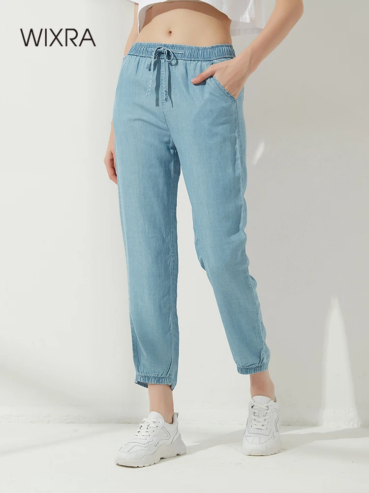 

Wixra Women's Jeans Pants Loose Stretched Lace Up New Tencel Thin Summer Style Harem High Waist Denim Bottons