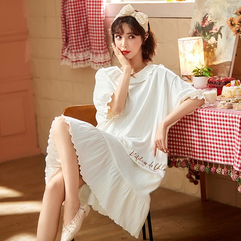 

New Women Cotton Nightgown Casual Sleepwear Short Sleeve Lingere Nightdress Cute Cartoon Girls Sexy Soft Lapel Homewear Suit