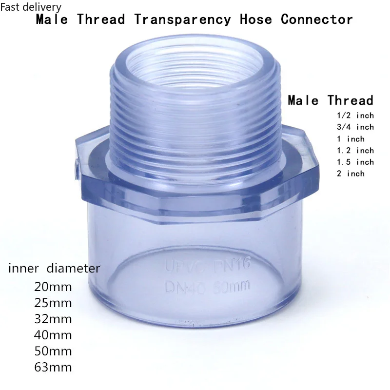 

Прозрачный соединитель шланга с наружной резьбой, ПВХ соединитель для садового орошения, аквариума, резервуара, соединители для водопровод...