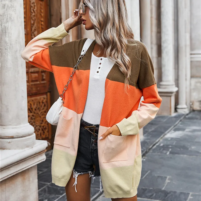 

Casual Fashion Women Cardigans 2020 Winter Elegant Patchwork Long Sleeves Loose Sweater Coat