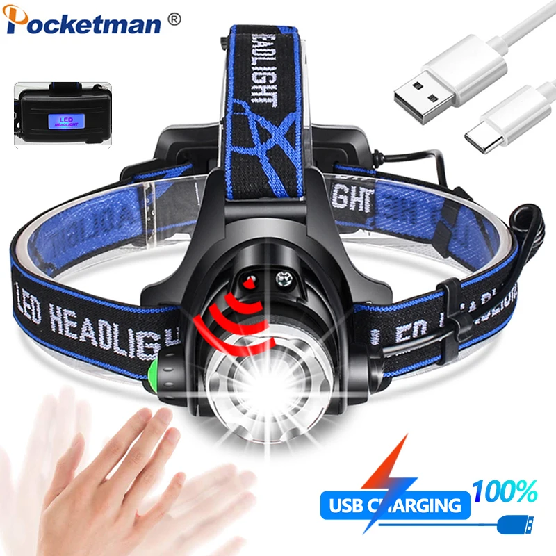 Мощный светодиодный налобный фонарь с датчиком T6/L2/V6 USB головкой масштабируемый