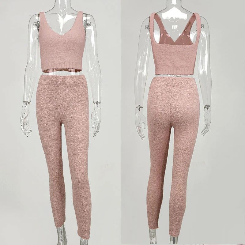 

Giyu Casual Plush Sweater 2 Piece Set Women 2021 Fashion V Neck Sleeveless Crop Tops Long Pants Set Two Piece Set Tracksuit