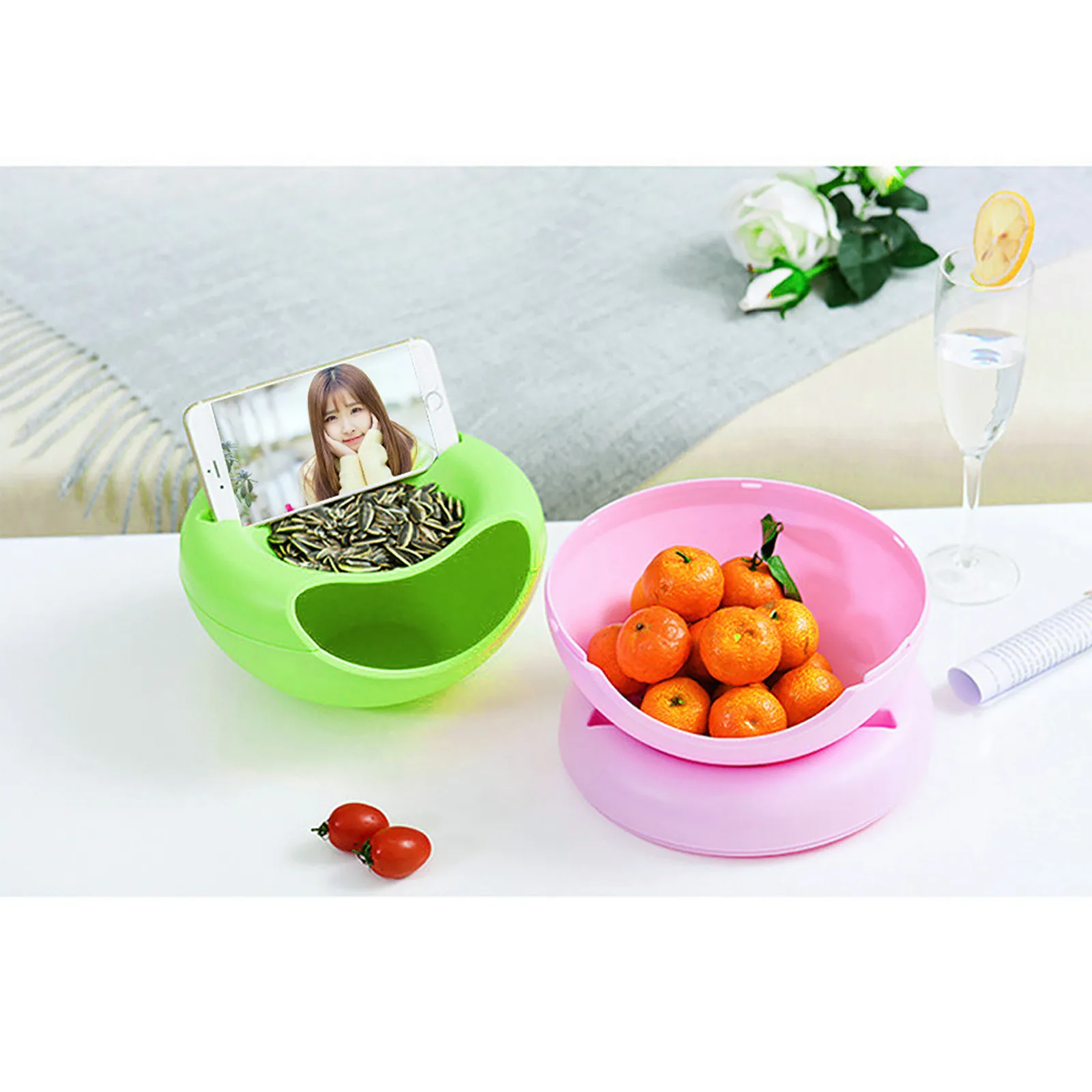 

Creative Bowl Dish Double Layer Dry Fruit Snacks Seeds Containers Garbage Holder Plastic Storage Box Organizer With Mobile Phone