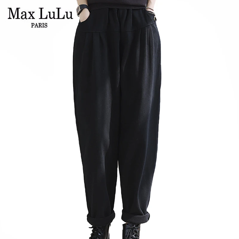 

Max LuLu New 2021 Womens Loose Casual Warm Harem Trousers European Style Ladies Fur Solid Design Pantalons Elastic Vintage Pants