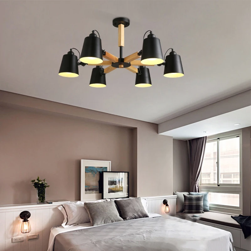 

Nordic wooden rotatable head E27 LED chandelier black&white iron light for dining room living room bedroom hotel apartment