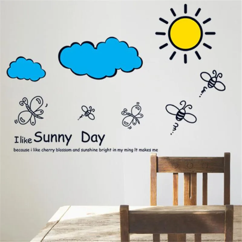 Мультяшные настенные Стикеры с белыми облаками и солнцем украшения для гостиной