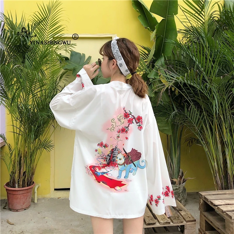 Yukata женский японский кимоно кардиган с принтом кота с длинным рукавом рубашка повседневные кимоно Femme азиатские Кимоно костюмы косплей Kawaii