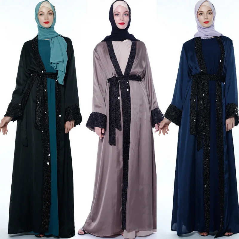 

The New 2021 Muslim Robe Mimics A Silk Sequined Cardigan With A Lace-up For Arabic Women's Wear9721