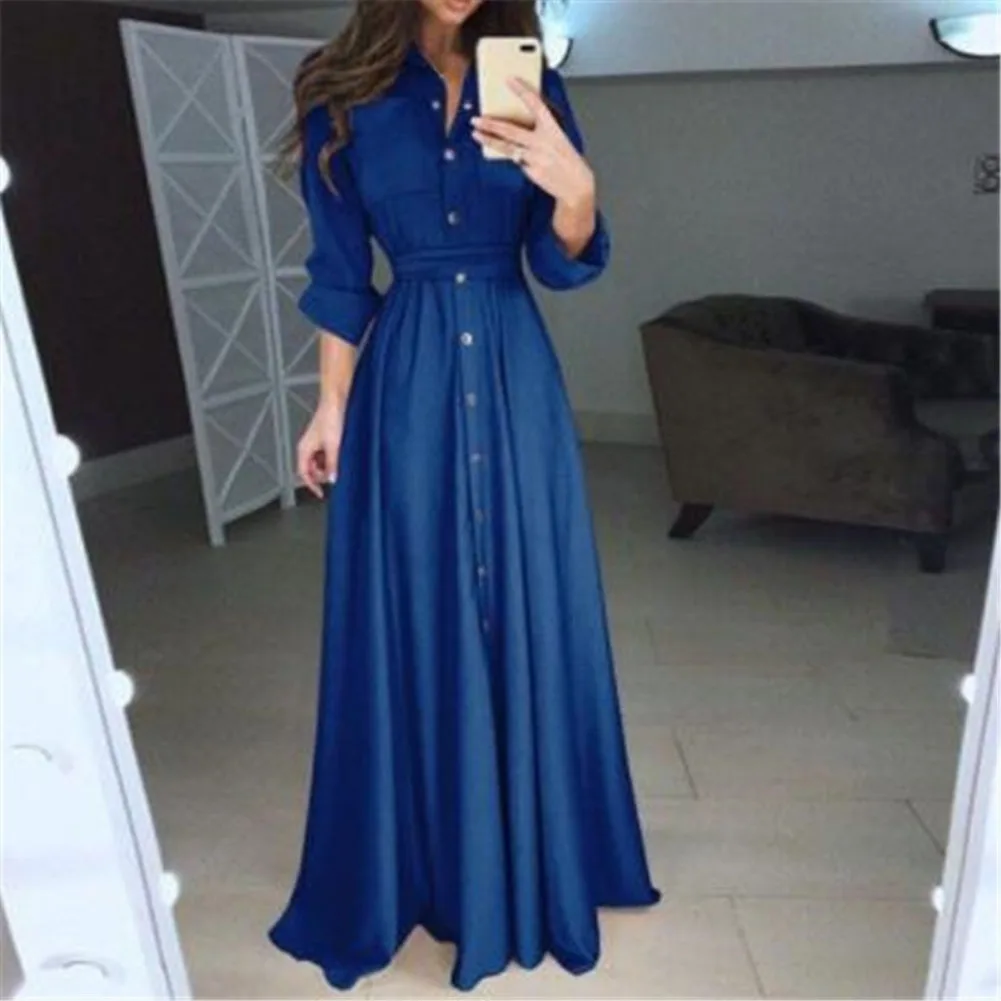 Женское однобортное платье макси на пуговицах с длинным рукавом и отложным