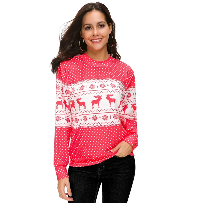 С оборками на Рождество с принтом оленя Длинные рукава красные свитшоты