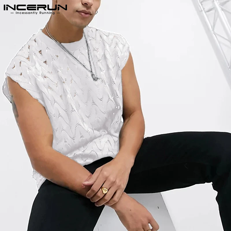 Fashion Men Mesh Tank Tops Hollow Out Streetwear O Neck Sleeveless Party Vests Lace See Through Sexy Clothing INCERUN | Мужская одежда