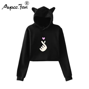 Толстовка женская укороченная с капюшоном, короткий джемпер с длинным рукавом и принтом кошачьих ушей, пуловер с капюшоном, топы для девушек, на осень