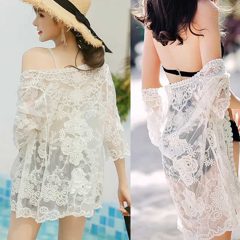 

2020 Sexy Lace Flower Cardigan Bikini Cover Up Women Beach Swimwear Sunscreen Swimwear Beachwear Long Blouse Shirts Female Tops