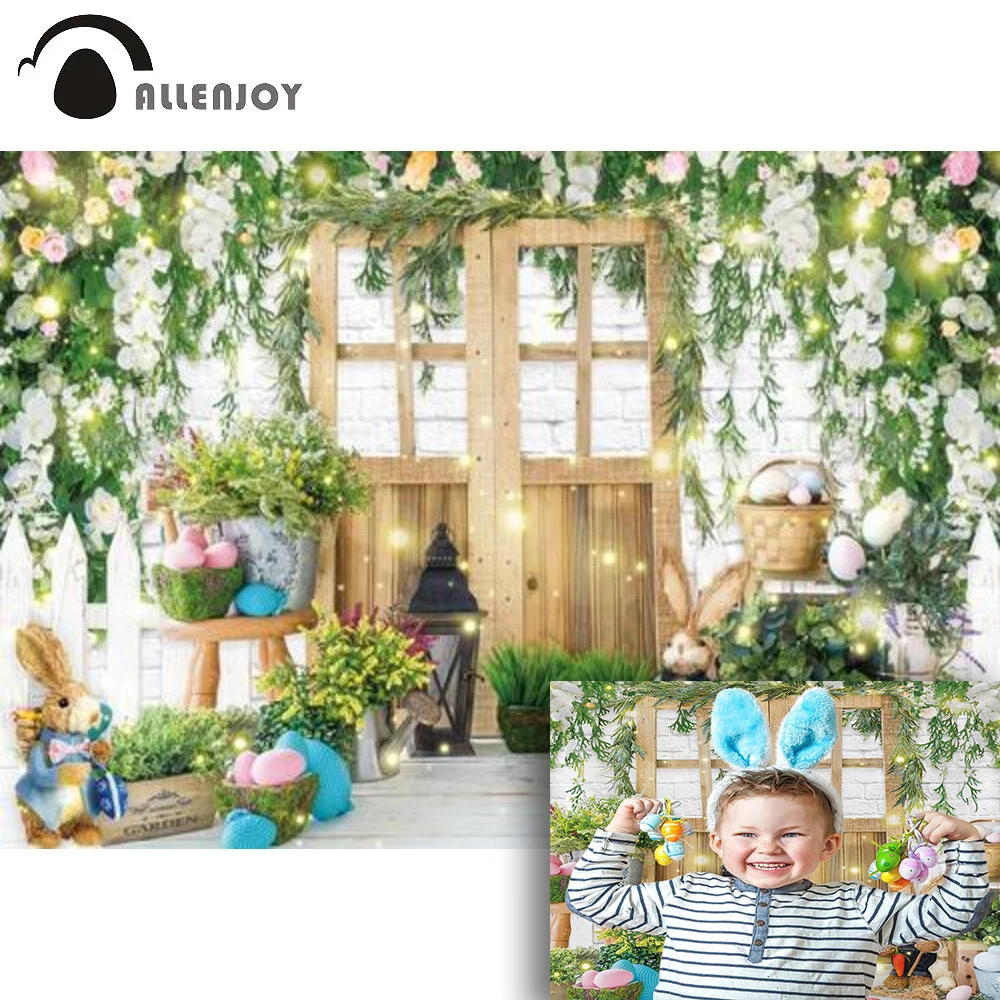 

Allenjoy Easter Bunny Background Spring Garden Wood Eggs Baby Shower Brick Wall Kids Birthday Party Photography Props Backdrop