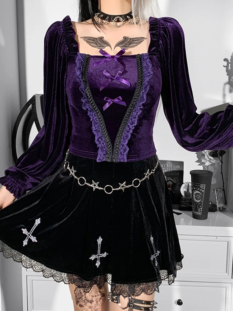 InsGoth Vintage Purple Velvet Bow T-Shirt Goth Aesthetic Punk Lace Trim Long Sleeve Cropped Tops Elegant Women Autumn Winter Tee | Женская