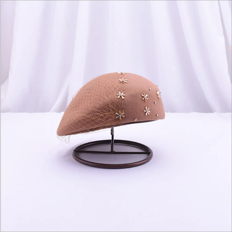 Берет из 100% шерсти фетровый женский Британская модная шляпа стразы вечерний