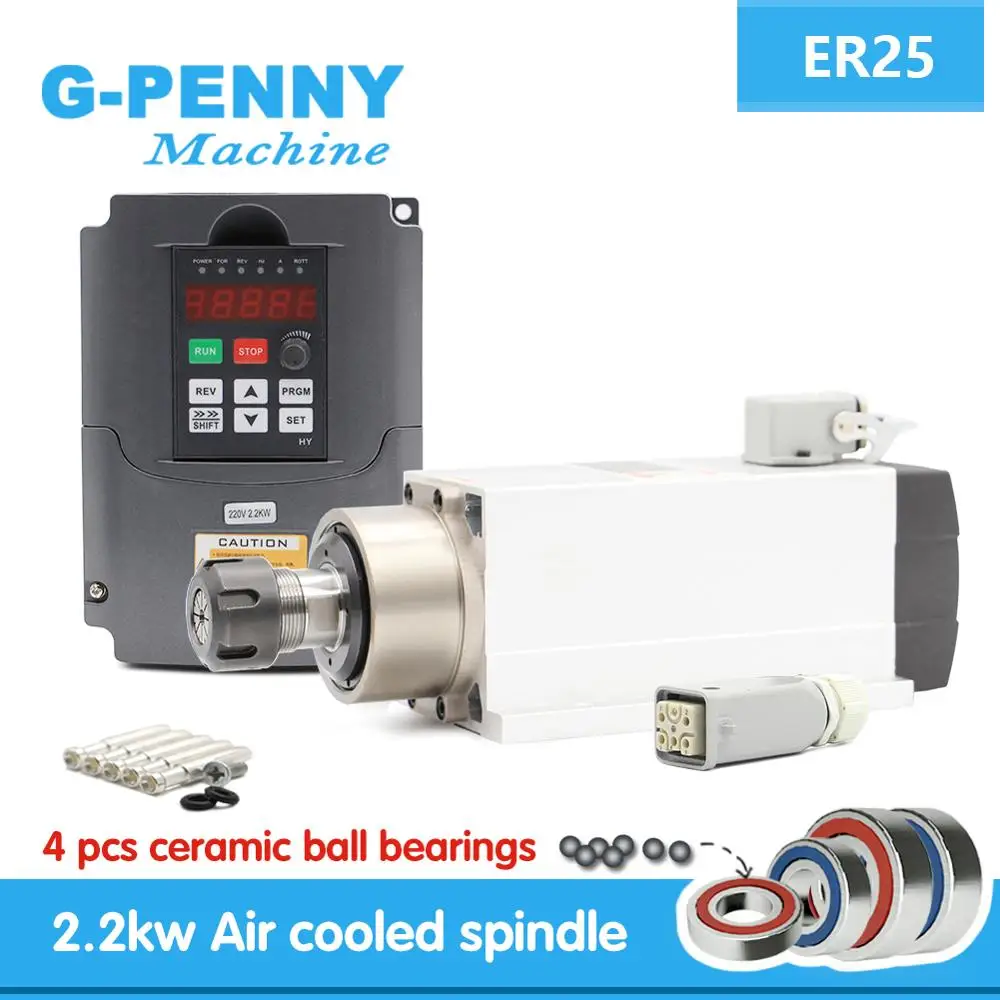 Новое поступление! 2.2kw ER25 шпиндель с воздушным охлаждением 4 шт подшипники 220v Керамические шариковые подшипники с фланцем и 2.2kw Инвертор VFD