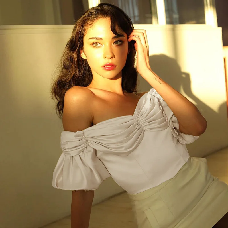 

Sexy Off Shoulder Satin Blouse Women Short Tops Summer Clothes2021 Casual Black Backless Sleeveless Horizontal Neck Shirts Femme