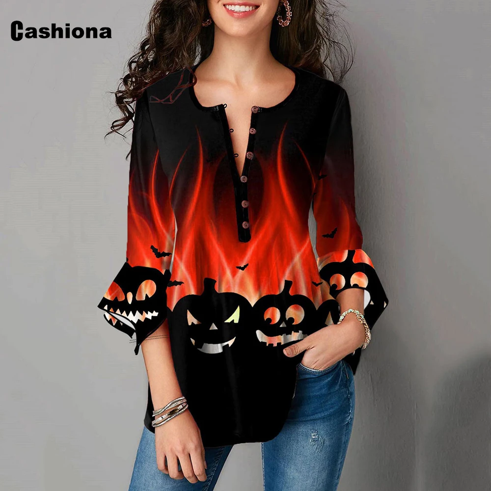 

Cashiona Plus Size Ladies Halloween Pumpkin Print T-shirts Flare Sleeve Women's Top Bohemian 2021 Autumn Loose Tees Shirt Femme