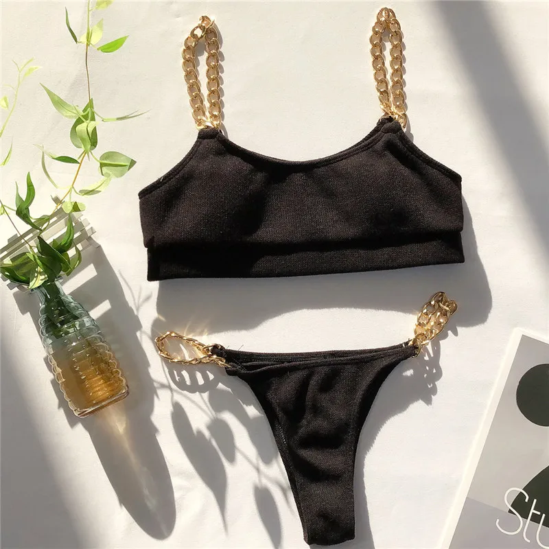 

Peachtan Solid bikini 2021 High waist swimwear female Chain swimsuit women Bandeau 2 pieces set Sports bathing suit Ribbed new