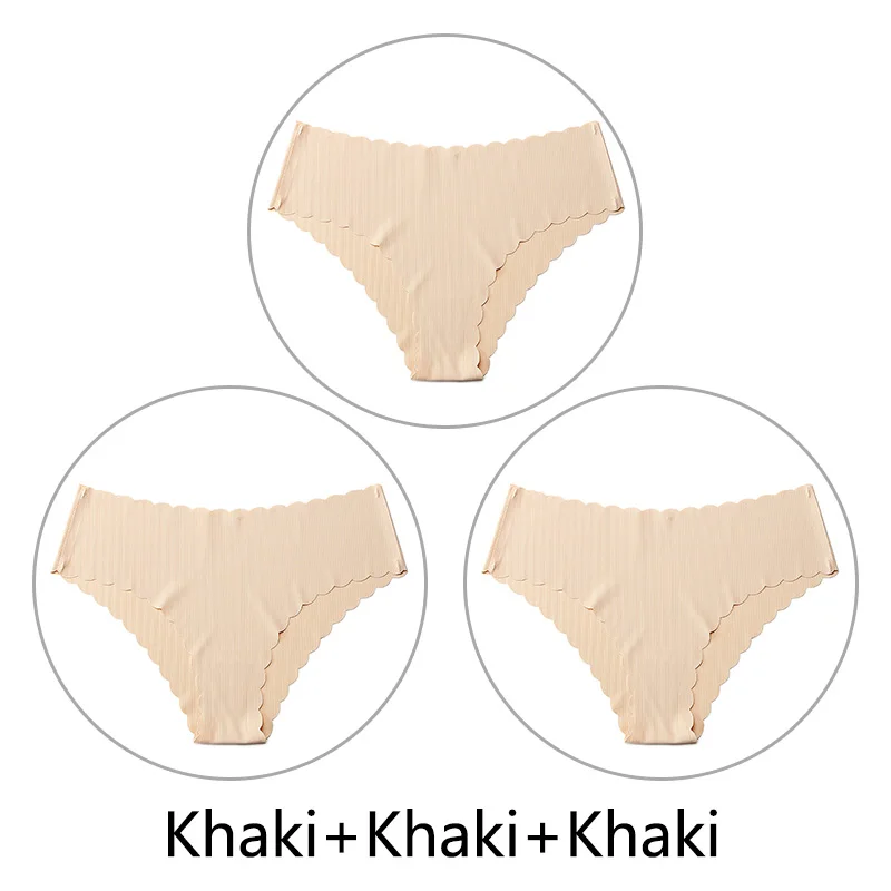 Khaki Khaki Khaki 3 шт./партия, сексуальные бесшовные трусики с оборками для женщин, полосатые трусы с низкой посадкой, цельное нижнее белье, женское нижнее белье, американский размер xs-l - Цвет: Khaki Khaki Khaki