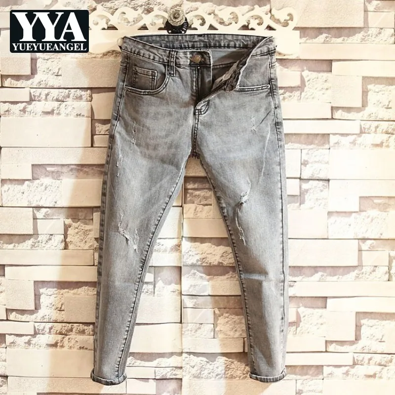 

Men Slim Washed Jeans Fashion 2021 Gray Hole Ripped Ankle-Length Pants Spring Autumn Zipper Vintage Casual Denim Pencil Pants