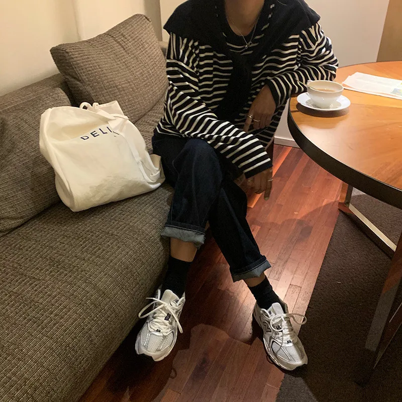 

Autumn And Winter Fashion Stitching Shawl Fake Two Piece Striped Sweater Female Korean Version Loose All Match Knitted Top C532