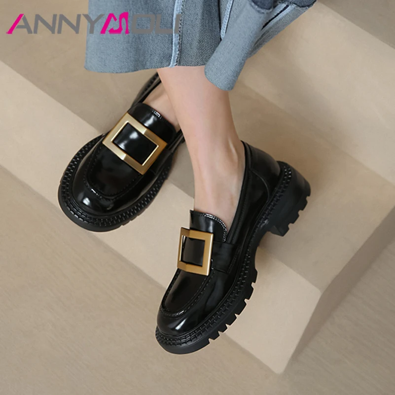 

ANNYMOLI Genuine Leather Loafers Shoes Women Spring Chunky Heels Pumps Platform Metal Decoration Buckle Med Heel Shoes Autumn 39