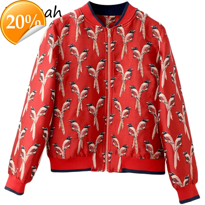 

Women Autumn Fashion Runway Short jacket Lateral sleeve Beautiful crystal Pearls Printed Lose Warm Coats 2021
