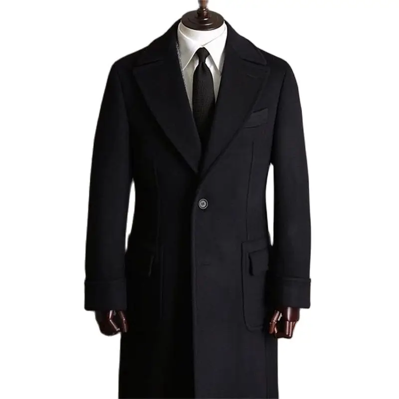 

High Quality Formal Black Peaked Lapel Two Buttons Thick Wool Custom Made Men Overcoat Windbreaker Blazer Business Long Coat