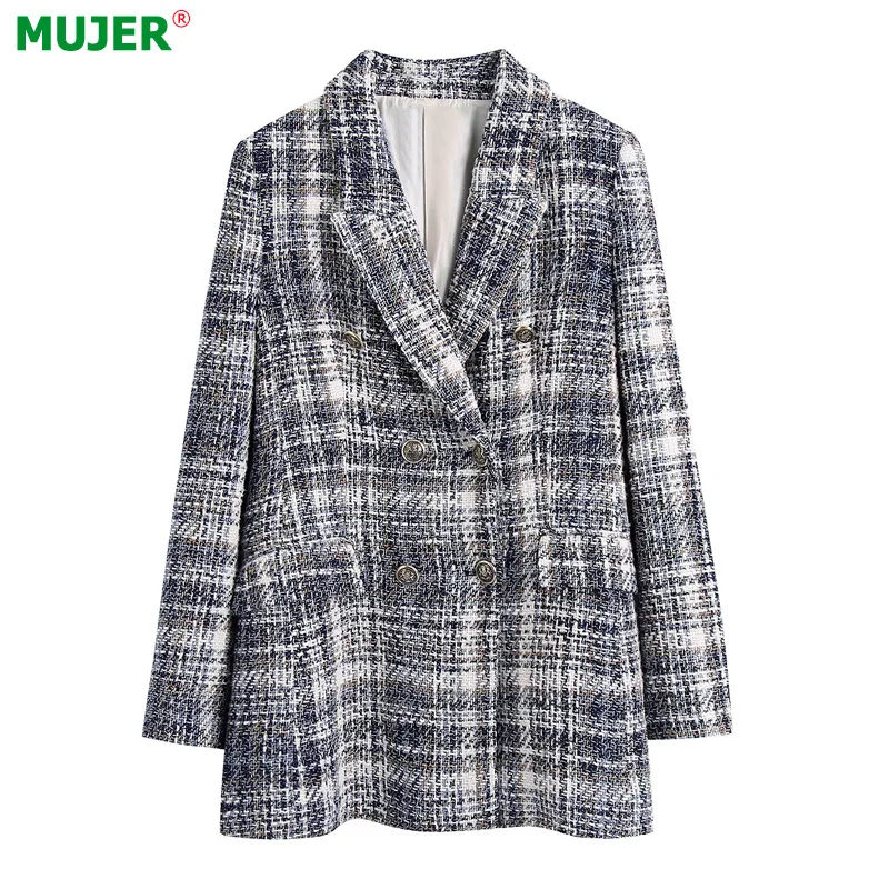 

TRAF Za Tweed Blazer Woman Textured Double Breasted Blazer Women Autumn 2021 Long Sleeve Jacket for Women Winter Female Blazers