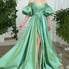 Зеленые атласные длинные вечерние платья, женское кутюрное платье с пышными короткими рукавами, платья для выпускного вечера с разрезом, одежда для вечеринки, платье для вечеринки