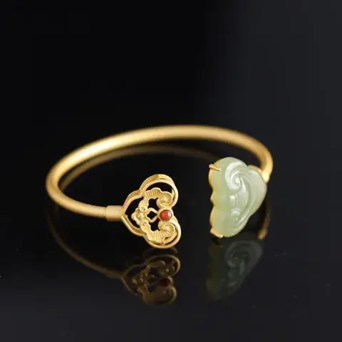 

Hetian Jade Bracelet Female Duck Egg Ruyi Ancient Style Open Jade Bracelets Silver Gilding for Teacher's Mother Gift Jewelry
