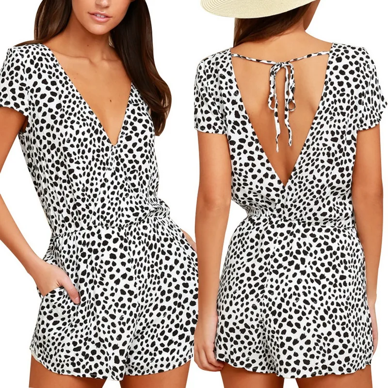 

QRWR Summer 2021 Casual Short Sleeve Shorts Jumpsuit Women V Neck Leopard Bodysuit Sexy Backless Lace Up Women Jumpsuit