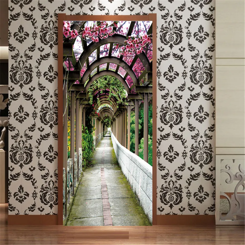 

PVC Self-Adhesive Door Sticker Modern Arch Corridor Flowers Visual Painted Wallpaper Living Room Door Poster Decal Flower Shop