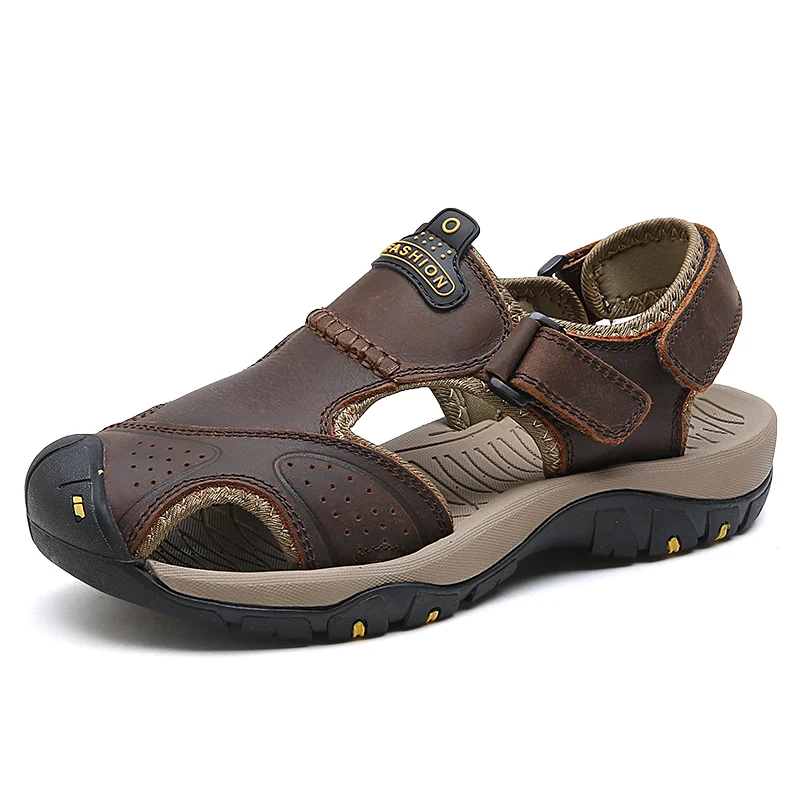 Genuine Leather Men's Sandals Summer Breathable Sandals Beach Casual Shoes Thick Sole Closed Toe Aqua Shoes for Hiking Fishing