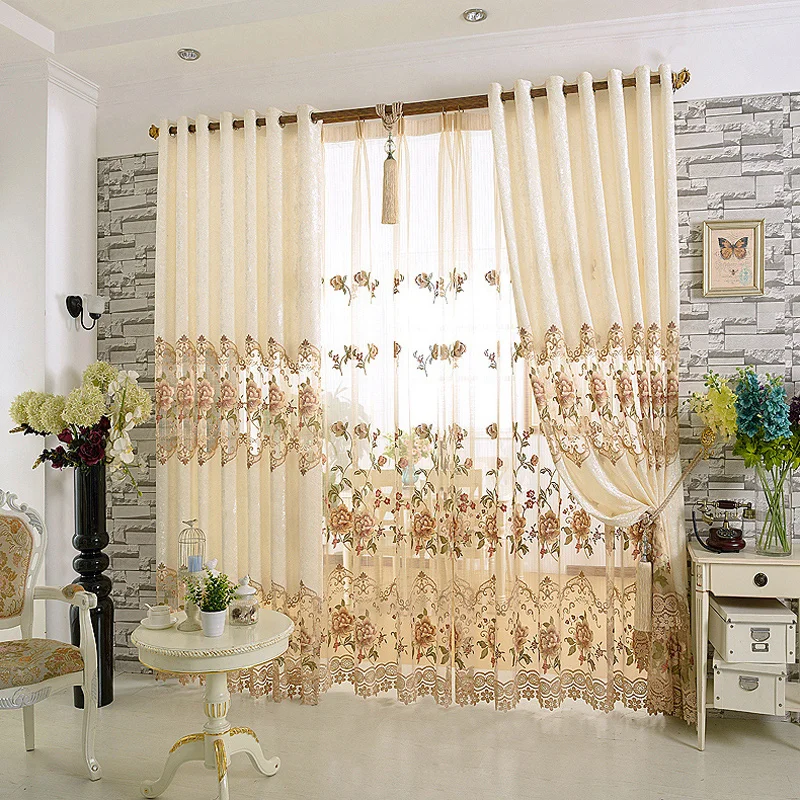 

European Style Rice White Velvet Embroidered Cloth Curtain for Living Dining Room Bedroom