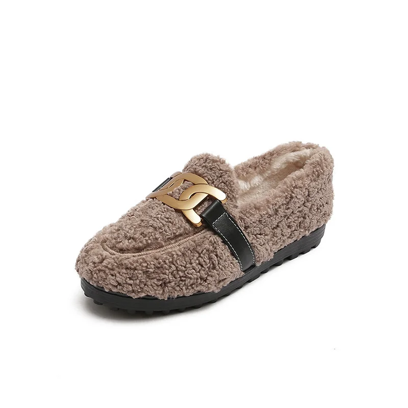 Metal Chic Chain Woolen Fur Moccasins Shoes Women Fleeces Loafers Winter Add Cashmere New Woman Plush Flats Plus Size 41-43