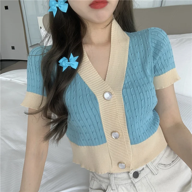 Корейский нишевый свитер с конопляным узором коротким рукавом женский летний 2021