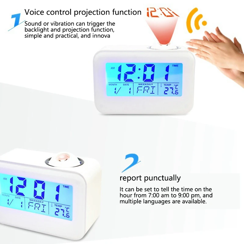 

Digital LCD Time Projection Ceiling Display Snooze Desk Table Clock Voice Control Voice Broadcast Perpetual Calendar