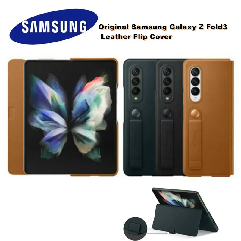 

100% Original Samsung Galaxy Z Fold3 Leather Flip Cover w Strap Sturdy Stand Phone Case EF-FF926