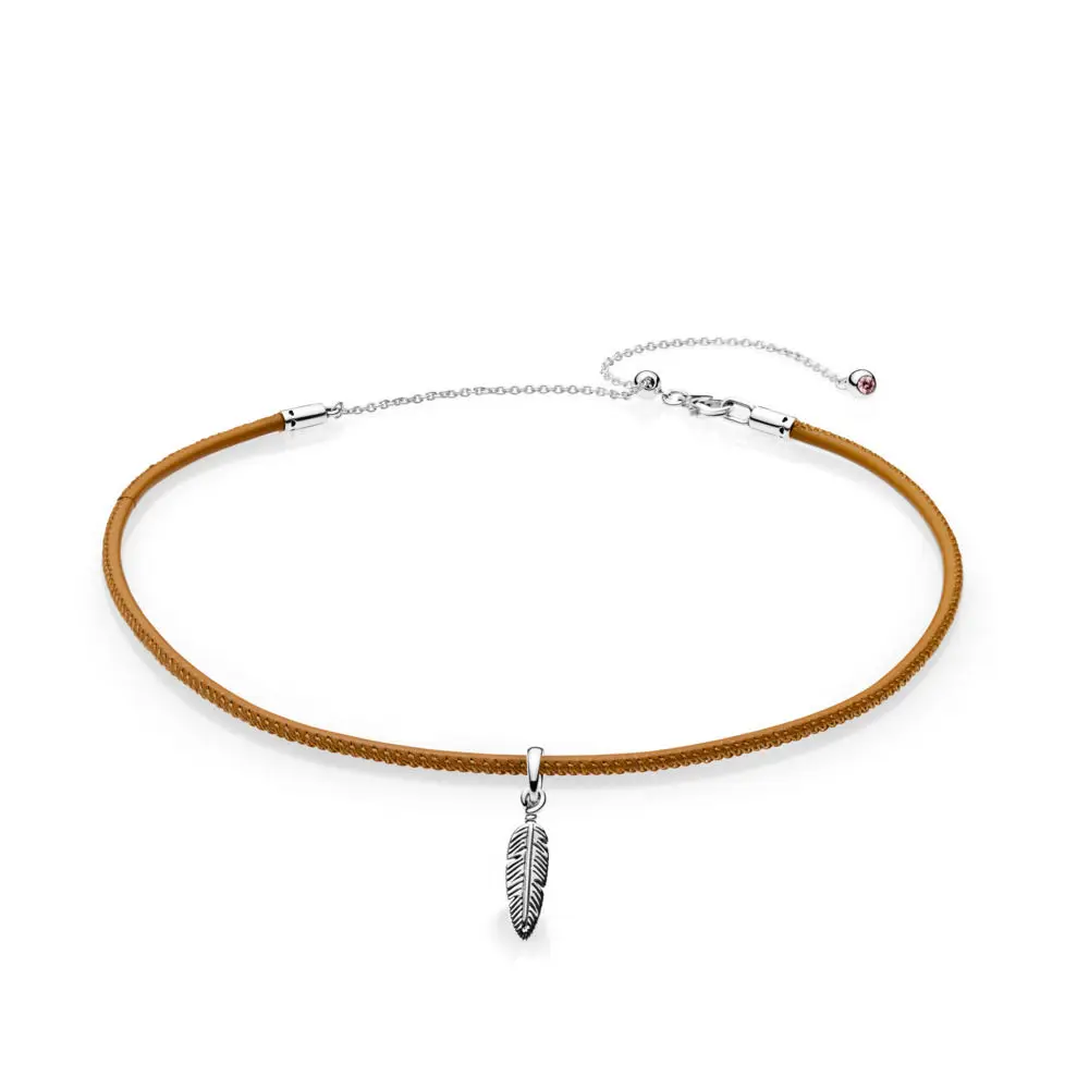 

925 Sterling Silver Pendant Necklace Collar Brown Black With Leaf Leather Rope Chain Necklace Size For Women Jewelry
