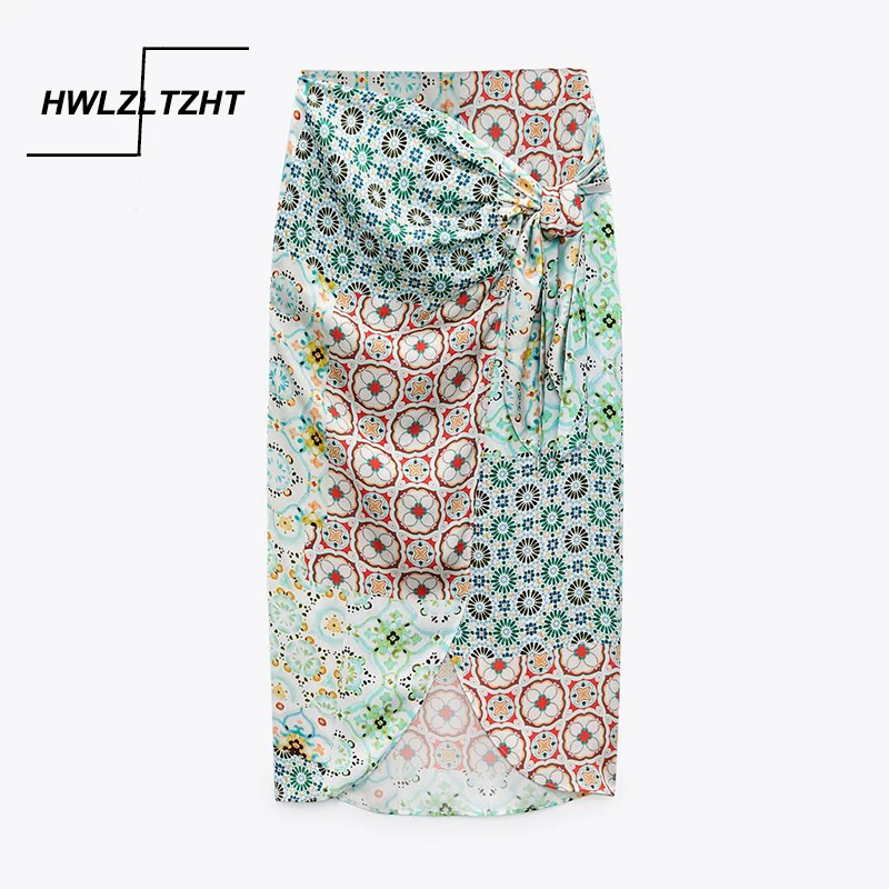 

Женская юбка с запахом HWLZLTZHT, летняя Юбка-миди с завышенной талией и рюшами, с винтажным принтом, 2021